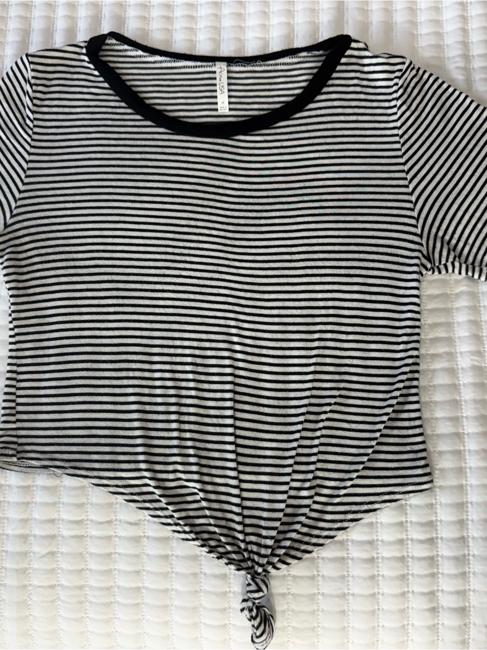 Active USA Black & White Striped Tie-Front Crop Top